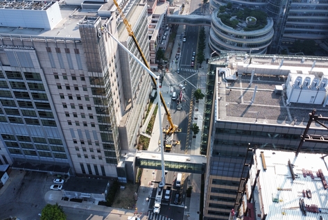 Philadelphia CHOP Sign Replacement With Crane Collaboration 300 ft Boom Lift