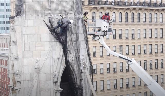 Climbing Fragile Church Spire for Restoration Alpha Platforms